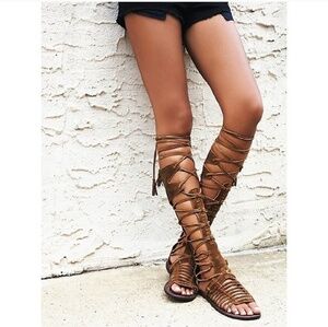 Free People Sun Seeker Tall Gladiator Sandal Brown Suede Lace-Up Size 39 NWT